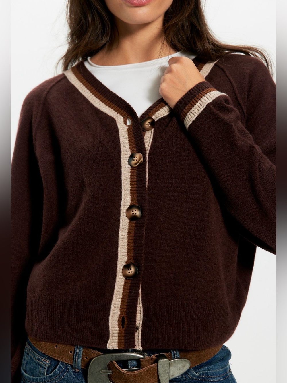 NWT new small free people Paige cashmere cardigan v neck brown stripe button
